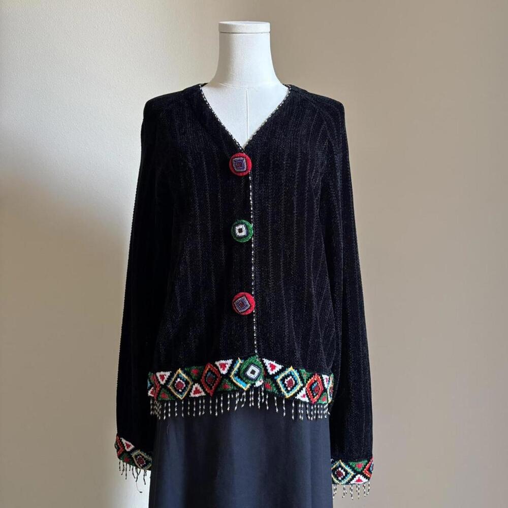 berek Black Cardigan with Multicolor Embroidered Trim